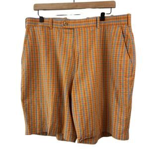 Peter Millar Men Shorts 38 Orange Blue Plaid Golf Cotton Flat Front Casual